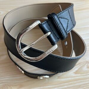 Michael Kors Y2K Black and Silver Genuine Leather Belt with Elegant Buckle